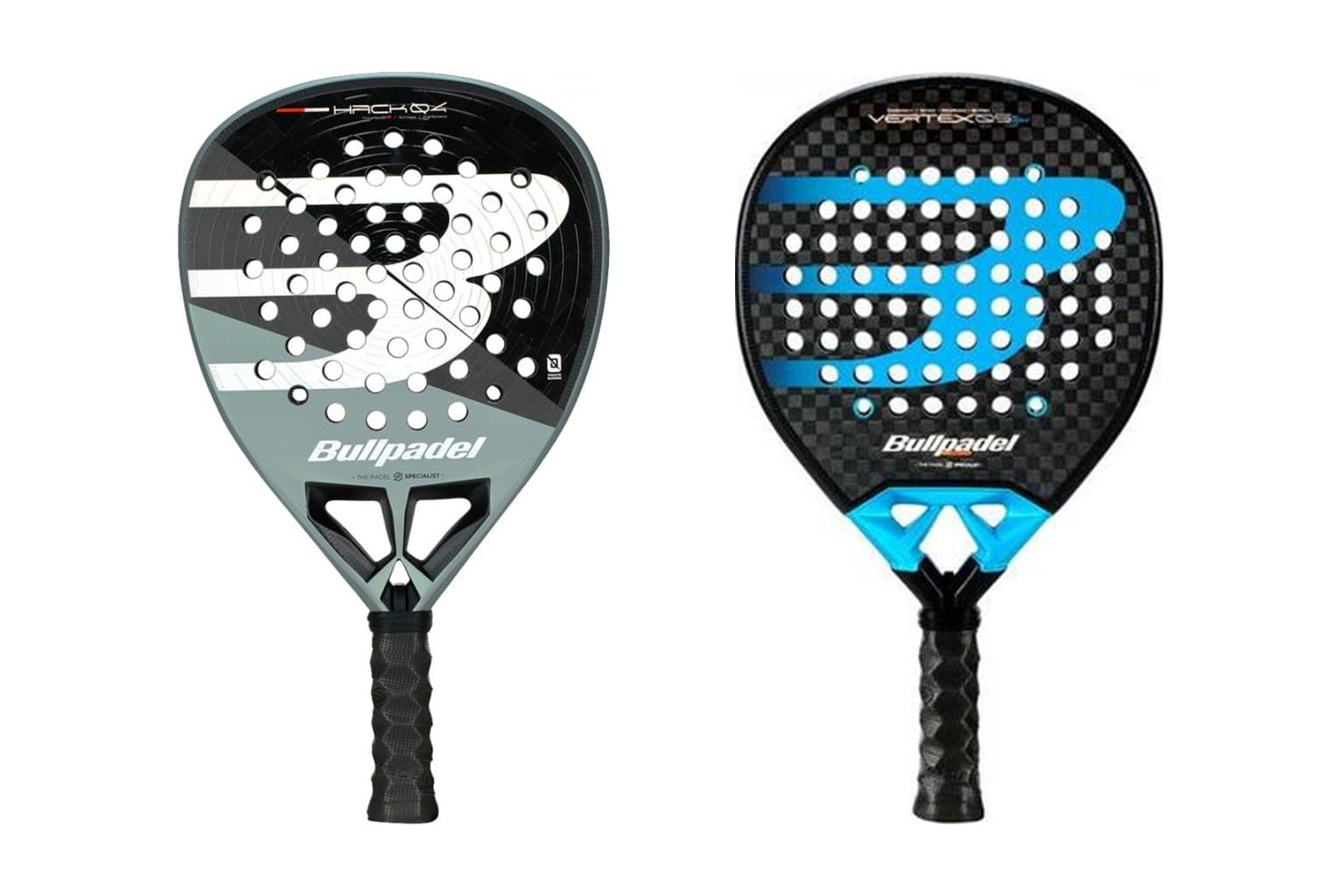 Bullpadel Hack 04 2026 in Grau-Schwarz und Bullpadel Vertex 05 Hybrid 2026 in Schwarz-Blau nebeneinander