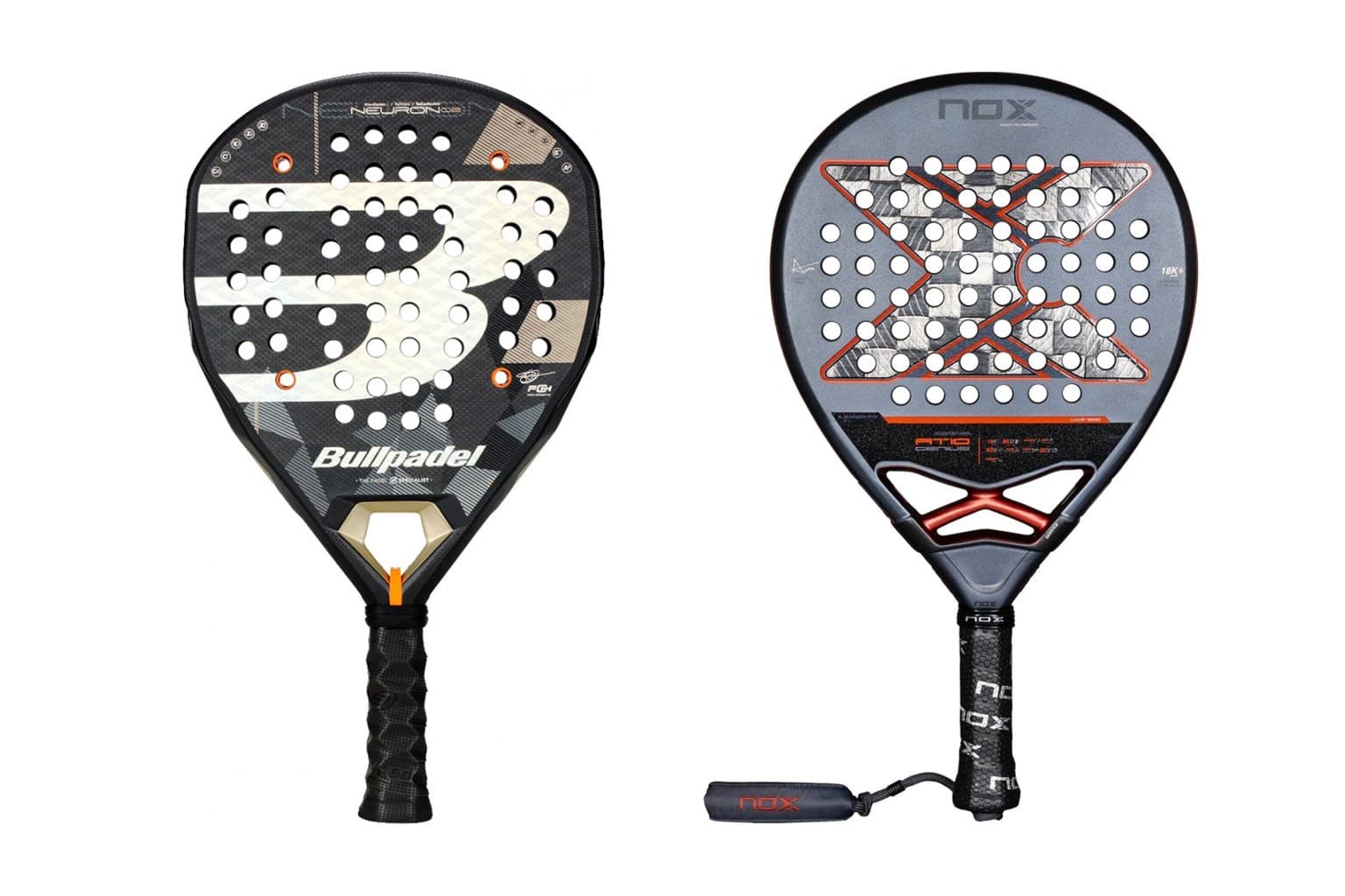 Bullpadel Neuron 02 2026 in Schwarz-Beige und Nox AT10 Genius 18K Alum 2025 in Grau-Orange nebeneinander