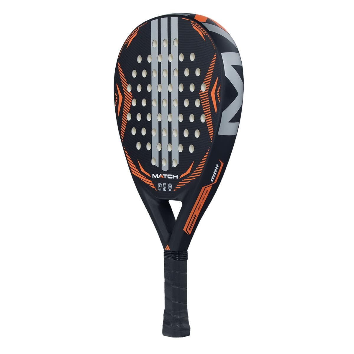 adidas Match 2026 Padel-Schläger in Schwarz mit orangen Akzenten und weißen Streifen