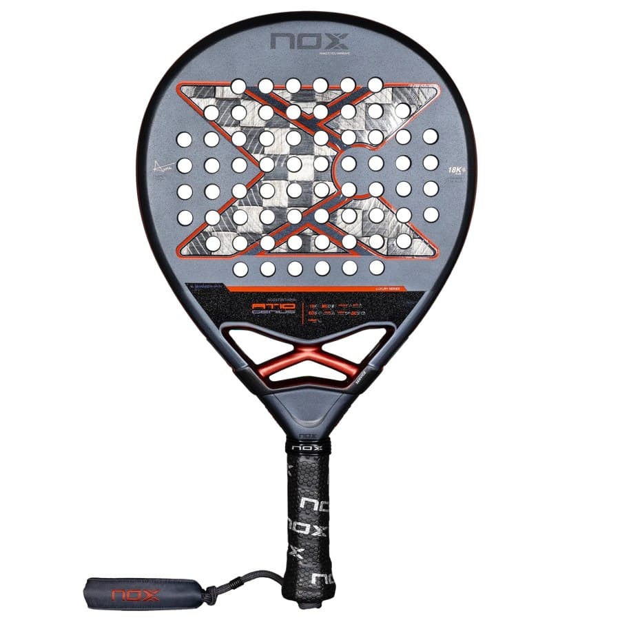 Nox AT10 Genius 18K Alum 2025 Padel-Schläger in Grau mit orangefarbenen Akzenten