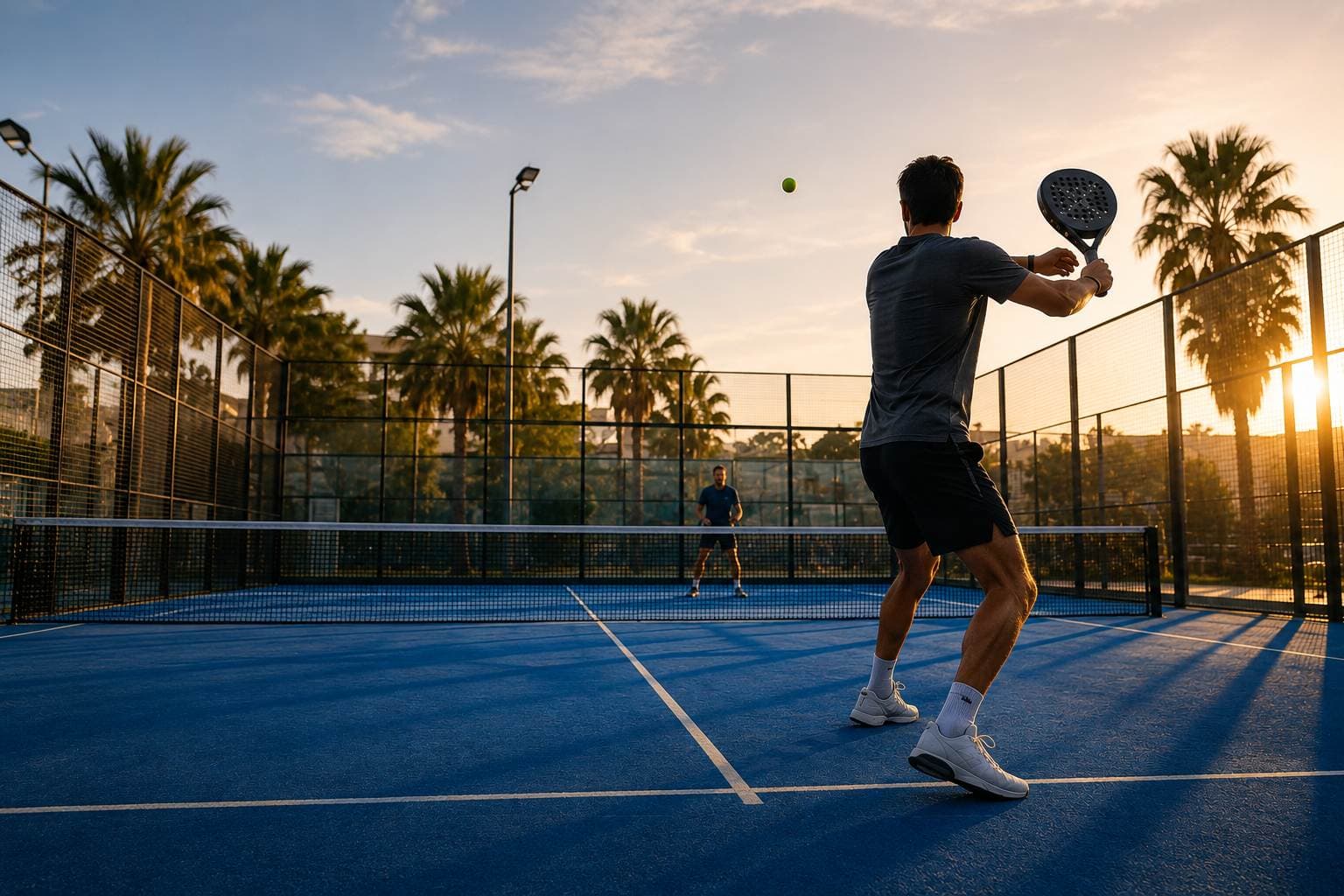 Padel-Spieler bei der Vorhand auf einem Outdoor-Court bei Sonnenuntergang