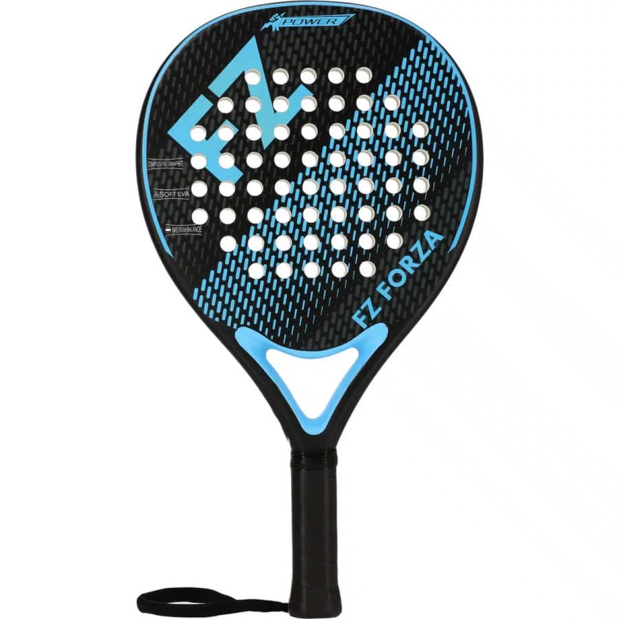 FZ Forza X-Power Padel-Schläger in Schwarz mit hellblauem FZ-Logo und der Aufschrift Soft EVA