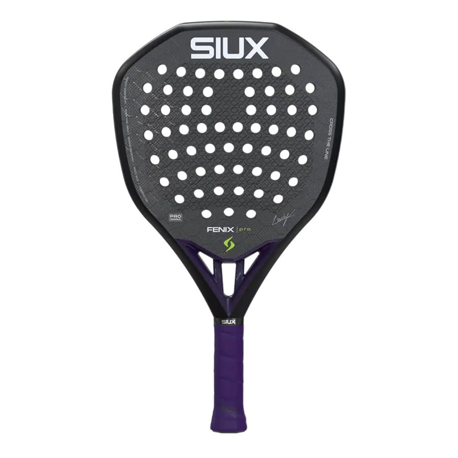 Siux Fenix Pro Black 2026 Padel-Schläger in Schwarzgrau mit lila Griff und grünem Logo