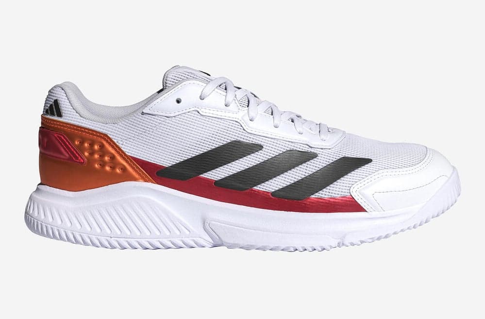 adidas Courtquick Padel Herren-Padelschuh in Weiß mit schwarzen Streifen und orange-roter Ferse