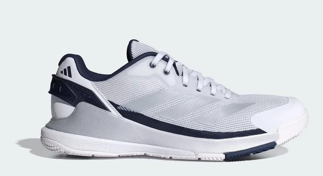 adidas Crazyquick LS Padel Herren-Padelschuh in Weiß mit silbernen Streifen und dunkelblauen Akzenten
